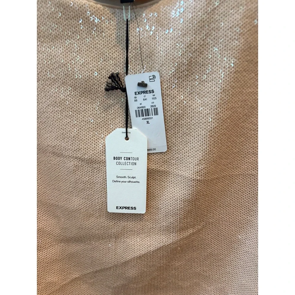 New Express Body Contour Sequin beige Bodysuit Sleeveless Top Party XL - Picture 4 of 10
